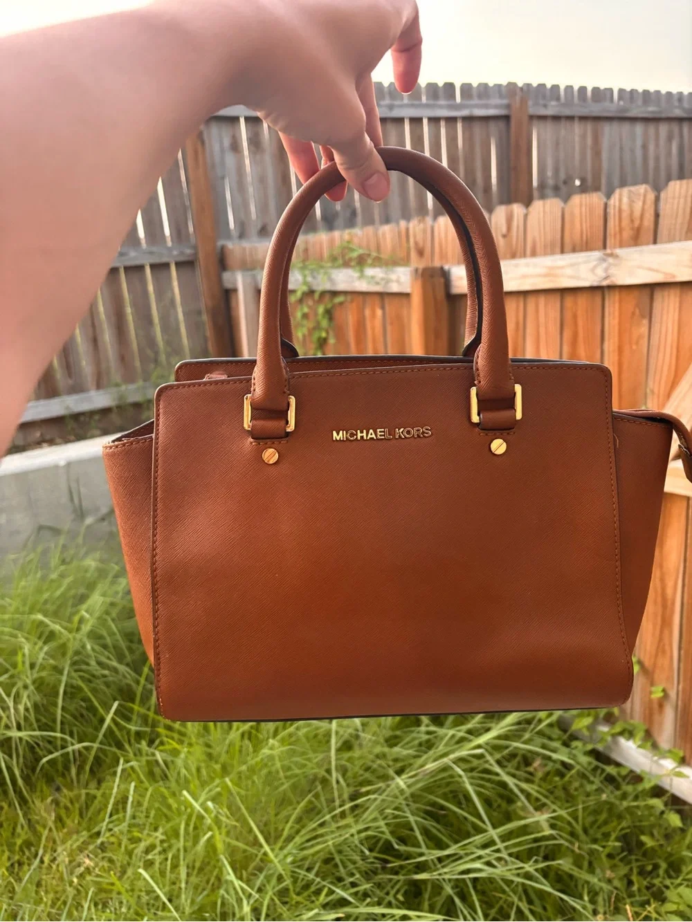 MICHAEL KORS Cognac Saffiano Leather Satchel with Gold Hardware